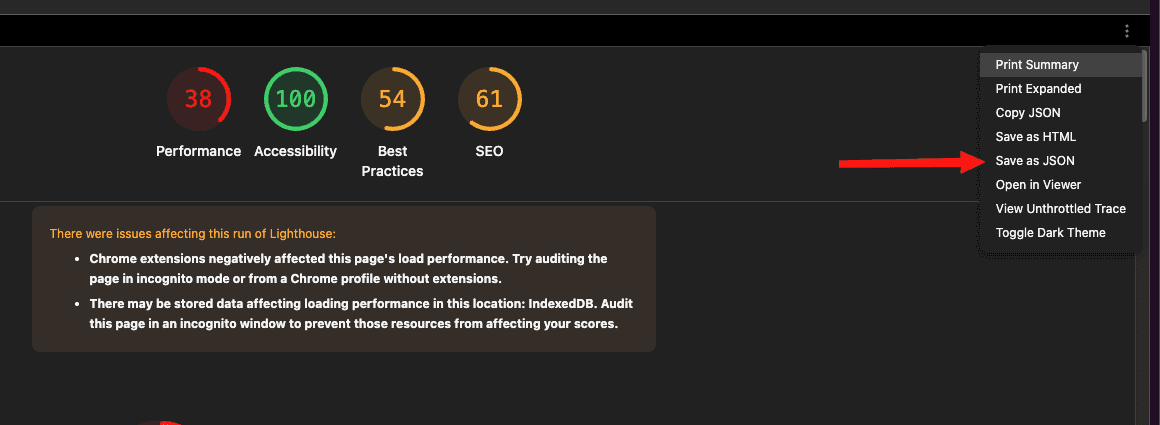 Lighthouse report menu highlighting Save as JSON